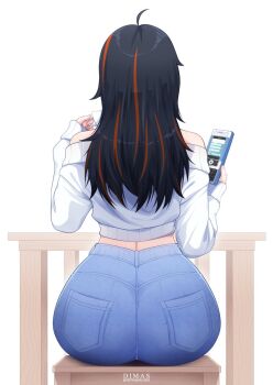 1girl alternate_costume alternate_hairstyle artist_name ass bare_shoulders black_hair commentary cup english_commentary from_behind hands_up highres holding holding_cup holding_phone long_sleeves medium_hair multicolored_hair off_shoulder orange_hair phone septiawan_dms simple_background sitting solo streaked_hair sweater twitter_username white_background white_sweater zenless_zone_zero zhu_yuan