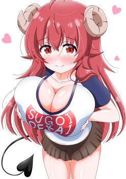 1girl blush breast_lift breasts brown_skirt cleavage commentary_request demon_girl demon_horns demon_tail hair_between_eyes heart highres horns imai_kazunari large_breasts long_hair looking_at_viewer machikado_mazoku red_eyes red_hair school_uniform shirt short_sleeves sidelocks simple_background skirt smile standing sugoi_dekai tail white_background white_shirt yoshida_yuuko