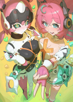 2girls absurdres alternate_breast_size_(larger) aqua_hair aqua_streaks armband black_sclera blue_eyes blush bow breast_press breasts cleavage closed_mouth collarbone colored_sclera commentary crossed_bangs detached_collar dress dual_persona english_commentary fingerless_gloves foot_out_of_frame frilled_armband frills gloves gradient_background green_background green_bow green_eyes hair_between_eyes hair_intakes heart highres humanoid_robot looking_at_viewer mangsik mechanical_ears medium_breasts multicolored_hair multiple_girls open_mouth orange_background pink_gloves pink_hair polka_dot polka_dot_bow robot robot_girl sparkling_eyes standing streaked_hair v white_armband white_dress yutane_johiel zenless_zone_zero