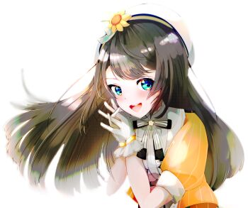 Rule 34 | 1girl, artist name, beret, black hair, blue eyes, center frills, cropped jacket, emutakanoe, frilled wrist cuffs, frills, hat, highres, hololive, interlocked fingers, jacket, long hair, looking at viewer, official alternate costume, oozora subaru, oozora subaru (starlight), open mouth, orange jacket, own hands together, pinstripe jacket, pinstripe pattern, signature, simple background, smile, solo, upper body, virtual youtuber, white background, white hat, wrist cuffs