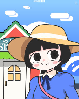 Rule 34 | 1girl, absurdres, anbeauty0902, animal crossing, black eyes, black hair, blue dress, blue ribbon, blue sky, blush stickers, closed mouth, commentary request, contrast collar, dress, hat, highres, house, korean commentary, looking at viewer, nintendo, ribbon, short hair, sky, solo, sun hat, villager (animal crossing)
