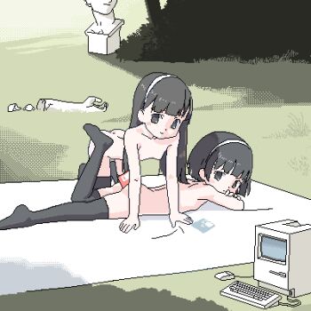 2girls apple_inc. arm_support ass black_eyes black_hair blunt_bangs broken broken_statue bust_(sculpture) computer crt dithering flat_chest floppy_disk foot_up hairband jaggy_lines computer_keyboard lokulo_no_mawashimono loli long_hair looking_at_viewer looking_to_the_side lowres lying macintosh matching_hair/eyes computer_mouse multiple_girls no_shoes nude on_floor on_stomach outdoors short_hair thighhighs vaporwave white_hairband