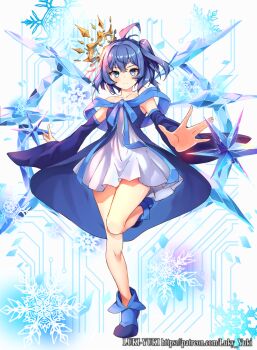 1girl ahoge blue_cape blue_hair blue_shoes blush cape closed_mouth dress leg_up looking_at_viewer lukyyuki medium_hair one_side_up piruluk purple_eyes shoes solo white_dress wixoss
