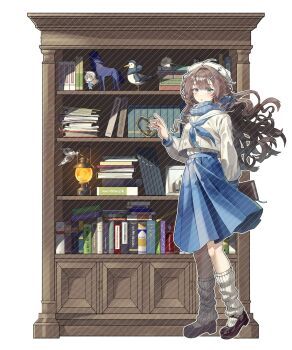 1girl :o alternate_costume animalization beret bird blue_eyes blue_neckerchief blue_skirt book book_stack bookshelf brown_hair brown_shoes full_body hand_up hat highres hofmann_knot holding holding_notebook lantern long_hair long_sleeves looking_at_viewer loose_socks marcus_(reverse:1999) medium_skirt mole mole_under_eye mossi_(mossi0816) neckerchief notebook person_and_animalization reverse:1999 sailor_collar school_uniform seagull serafuku shirt shoes skirt socks solo standing white_background white_hat white_sailor_collar white_shirt white_socks