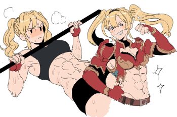 1girl abs alternate_muscle_size blonde_hair female_focus flex granblue_fantasy kendy_(revolocities) muscular muscular_female shawl solo sweat zeta_(granblue_fantasy)