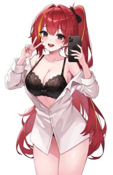 1girl akane_lize bare_shoulders black_bra black_eyes bra cowboy_shot dress_shirt hands_up highres holding holding_phone lace lace-trimmed_bra lace_trim long_hair looking_at_viewer multicolored_hair nokde off_shoulder open_mouth phone ponytail red_hair shirt simple_background smile solo spaghetti_strap stellive streaked_hair thighs underwear v very_long_hair virtual_youtuber white_background white_shirt