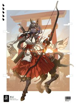 1girl :o absurdres arrow_(projectile) bare_shoulders black_hair black_skin blunt_bangs bow_(weapon) breasts centaur chinese_zodiac colored_skin commentary_request detached_sleeves english_text eyeshadow full_body hakama hakama_skirt happy_new_year highres holding holding_arrow holding_bow_(weapon) holding_weapon hooves horns horse_tail japanese_clothes kimono large_breasts long_hair looking_at_viewer makeup mecha_musume mechanical_ears mechanical_horns mechanical_legs multiple_legs new_year nontraditional_miko open_mouth original ponytail quiver red_eyeshadow red_hakama red_sash sanshowuo sash short_eyebrows sidelocks skirt sleeveless sleeveless_kimono solo standing standing_on_one_leg sunrise tail taur teeth torii upper_teeth_only weapon white_kimono white_sleeves wide_sleeves year_of_the_horse yellow_eyes