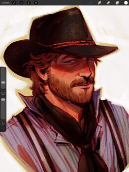 Rule 34 | art program in frame, arthur morgan, beard, blue shirt, blue skirt, bread, brown hair, cowboy hat, facial hair, food, full beard, hat, highres, looking at viewer, male focus, manly, mature male, mustache, necktie, procreate (software), red dead redemption (series), red dead redemption 2, shirt, skirt, suspenders, white background