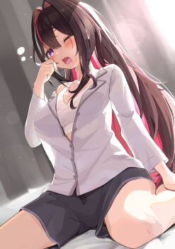 Rule 34 | 1girl, alternate costume, azki (hololive), black shorts, bra, breasts, brown eyes, cleavage, colored inner hair, commentary request, curtains, day, grey shirt, hair between eyes, hair intakes, highres, hololive, indoors, large breasts, long hair, looking at viewer, multicolored hair, one eye closed, open mouth, partially unbuttoned, pink hair, purple eyes, shara (syara so ju), shirt, shorts, solo, underwear, virtual youtuber, white bra, white hair, yawning