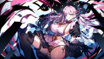 1girl :p absurdres black_dress black_gloves black_thighhighs blue_hair blurry bow breasts cleavage commentary commission covered_navel depth_of_field dress elbow_gloves english_commentary frilled_dress frills gloves hair_bow hair_ornament heart heart_hair_ornament highres large_breasts layered_dress long_hair looking_at_viewer multicolored_hair original pink_dress pink_eyes pink_hair pixiv_commission pussy redcomet ribbed_dress see-through_clothes see-through_dress single_thighhigh solo space streaked_hair thighhighs thighs tongue tongue_out two-tone_dress two-tone_hair very_long_hair x_hair_ornament