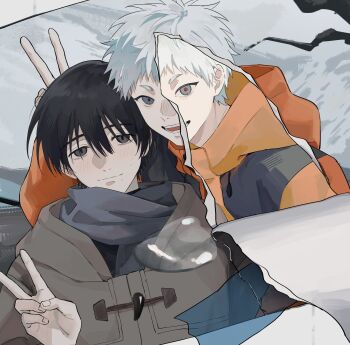 2boys black_hair blush coat duffel_coat grey_eyes hair_between_eyes hashtag-only_commentary highres hikaru_ga_shinda_natsu indou_hikaru indou_hikaru_(human) male_focus meiko623 mole mole_on_cheek mole_under_eye mole_under_mouth multiple_boys multiple_moles official_alternate_costume photo_(object) red_pupils scarf short_eyebrows short_hair slit_pupils smile torn_paper tsujinaka_yoshiki upper_body v white_hair