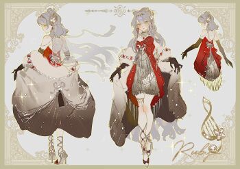 1girl blush border bow bracelet brooch brown_gloves chinese_commentary clothes_lift commentary_request dress earrings elbow_gloves gem gloves green_eyes grey_hair hair_ornament high_heel_sandals high_heels highres jewelry luo_tianyi multiple_views niukou_kouzi ornate_border red_bow red_gemstone reference_sheet sandals single_earring sparkle strapless strapless_dress vocaloid vsinger_(vocaloid)