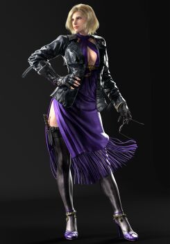 1girl 3d absurdres asymmetrical_gloves black_gloves black_thighhighs breasts cleavage_cutout clothing_cutout dress expressionless fingerless_gloves fishnet_thighhighs fishnets full_body gloves grey_background high_heels highres holding holding_removed_eyewear holster knife medium_breasts nina_williams non-web_source official_art purple_dress purple_shoes shoes short_hair solo standing sunglasses tekken tekken_8 thigh_holster thighhighs uneven_gloves unworn_eyewear