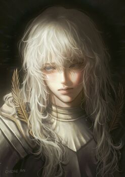 1boy armor artist_name berserk blue_eyes chione_ami closed_mouth eyelashes griffith_(berserk) hashtag-only_commentary highres lips long_hair looking_to_the_side male_focus nose portrait solo white_hair