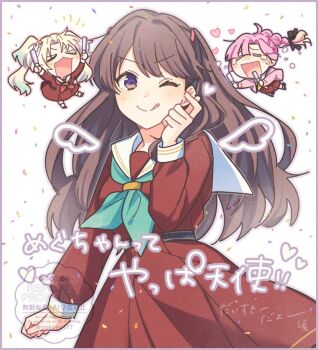>:) >_< 3girls :3 :d ;q =_= ahoge anyoji_hime aqua_neckerchief blush breasts brown_dress chibi chibi_inset commentary confetti crying curtained_hair drawn_wings dress fujishima_megumi glowstick hand_up hasu_no_sora_school_uniform holding holding_glowstick hood hooded_jacket jacket link!_like!_love_live! long_hair long_sleeves looking_at_viewer love_live! medium_breasts medium_dress mira-cra_park! multi-tied_hair multiple_girls neckerchief one_eye_closed open_clothes open_jacket open_mouth osawa_rurino parted_bangs penlight_(glowstick) pink_jacket pleated_dress poko_(pokopo117) ponytail raised_inner_eyebrows red_neckerchief sailor_collar sailor_dress school_uniform simple_background smile socks split_mouth symbol-only_commentary tongue tongue_out v-shaped_eyebrows virtual_youtuber watermark white_background white_sailor_collar white_socks winter_uniform x3 xd yellow_neckerchief
