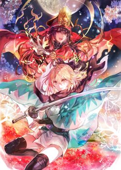 2girls absurdres anniversary aqua_haori armor artist_name belt black_belt black_bow black_hat black_jacket black_scarf black_sky black_thighhighs blonde_hair blue_sky bow branch brown_hair cape chain cherry_blossoms closed_mouth commentary_request fate/grand_order fate_(series) feet_out_of_frame fire floating_cape floating_clothes floating_hair flower flower_ornament gloves gold_chain gradient_sky hair_between_eyes hair_bow hand_up haori hat hat_flower hat_ornament highres holding holding_sword holding_weapon jacket japanese_armor japanese_clothes katana kikkoumon kimono kote kurokote long_hair long_sleeves looking_at_viewer military_hat military_jacket military_uniform moon multiple_girls night night_sky oda_nobunaga_(fate) oda_nobunaga_(koha-ace) oda_uri okita_souji_(fate) okita_souji_(koha-ace) okita_souji_(third_ascension)_(fate) open_clothes open_mouth outdoors petals pink_flower red_cape red_eyes red_flower rioka_(southern_blue_sky) scarf shinsengumi short_hair sidelocks sky smile spider_lily sword teeth thighhighs upper_body watermark weapon white_gloves white_kimono wide_sleeves yellow_eyes