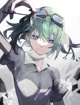 1girl arm_up blue_eyes commentary_request crying floating_tears goggles goggles_on_head grey_background grey_hair grey_shirt gumi highres holding holding_scissors medium_hair mozaik_role_(vocaloid) polo_shirt scissors shirt solo soyaka tears v-shaped_eyebrows vocaloid