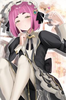 1girl :o absurdres blush claw_pose dress finger_to_cheek green_eyes heart highres index_finger_raised lacey_(fall_2025)_(pokemon) lacey_(pokemon) long_sleeves looking_at_viewer maid_headdress medium_hair nintendo official_alternate_costume pantyhose pink_hair pokemon pokemon_masters_ex pokemon_sv puffy_long_sleeves puffy_sleeves sitting solo tyotto22