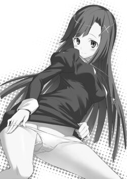 1girl bad_id bad_pixiv_id black_hair breasts cameltoe closed_mouth cross gin_(ginshari) greyscale hair_ornament hairclip kannagi long_hair medium_breasts monochrome panties panty_pull pussy simple_background solo underwear zange