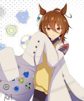 1girl absurdres agnes_tachyon_(tach-nology)_(umamusume) agnes_tachyon_(umamusume) ahoge animal_ears artist_name beyblade beyblade_(object) brown_hair coat_stash commentary downer_onee-san_wa_asobitai etsuransha_no_rei hair_between_eyes highres horse_ears horse_girl horse_tail lab_coat long_sleeves look-alike pose_imitation red_eyes scene_reference sleeves_past_fingers sleeves_past_wrists solo sweater_vest tail umamusume yellow_sweater_vest