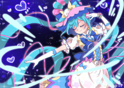 Rule 34 | 1girl, adapted costume, artist name, back bow, blue bow, blue bowtie, blue dress, blue hair, bow, bowtie, brooch, closed eyes, closed mouth, clothing cutout, commentary, cure spicy, dated, delicious party precure, dress, earrings, facing viewer, fuwa kokone, gloves, hair bow, heart, heart brooch, huge bow, jewelry, long hair, magical girl, medium dress, multicolored hair, pink hair, poma123poma, precure, puffy short sleeves, puffy sleeves, rope, short sleeves, side ponytail, smile, solo, standing, streaked hair, streamers, very long hair, white gloves