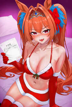 1girl absurdres animal_ears antenna_hair arm_support armpit_crease bare_shoulders bed_sheet bikini bikini_top_only blush breasts brown_hair brown_tail cleavage collarbone commentary_request daiwa_scarlet_(umamusume) elbow_gloves fang fur-trimmed_bikini fur-trimmed_gloves fur-trimmed_skirt fur-trimmed_thighhighs fur_trim gloves hair_between_eyes hair_intakes highres holding holding_paper horse_ears horse_girl horse_tail large_breasts long_hair looking_at_viewer midori_(user_uctn2277) navel on_bed open_mouth paper red_eyes red_skirt red_thighhighs santa_bikini santa_costume sitting skin_fang skindentation skirt smile solo stomach sweat swimsuit tail thighhighs thighs tiara twintails umamusume very_long_hair