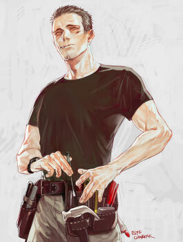 Rule 34 | 1boy, belt, belt pouch, black hair, black shirt, ctkcave, facial hair, goatee, grey pants, hammer, holding, holding screwdriver, looking to the side, male focus, mature male, muscular, muscular male, original, pants, pouch, screw in mouth, screwdriver, shirt, short hair, simple background, solo, spiked hair, tools, utility belt, watch, white background, white eyes, wristwatch