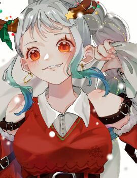 Rule 34 | 1girl, alternate costume, arm strap, bare shoulders, belt, belt buckle, blue hair, blush, braid, braided ponytail, breasts, buckle, christmas, collared shirt, commentary request, detached sleeves, dress, earrings, fang, highres, holding, holding sack, horns, jewelry, long hair, looking at viewer, medium breasts, merry christmas, multicolored hair, one piece, parted lips, red dress, red eyes, red sleeves, sack, shirt, sidelocks, sleeveless, sleeveless dress, snowflake in eye, solo, sparkle, star (symbol), straight-on, two-tone hair, u mi031, upper body, white hair, white shirt, yamato (one piece)