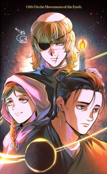 Rule 34 | 1girl, 2boys, absurdres, badeni, baehee5502, black hair, black tabard, blonde hair, braid, braided ponytail, candlestand, chi.: chikyuu no undou ni tsuite, closed mouth, commentary request, copyright name, dated, hair bun, highres, holding, holding candlestand, hood, hood up, jolenta, korean commentary, looking to the side, medium hair, multiple boys, oczy, scar, scar on face, scar on lip, scar on mouth, scar on nose, signature, single braid, single hair bun, smile, tabard, tonsure