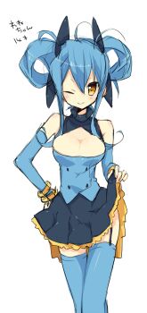 1girl bangle blue_hair blush bracelet breasts cleavage clothes_lift detached_sleeves female_focus garter_straps gen_4_pokemon hair_rings hand_on_own_hip jewelry luxio nakamura_sandayo nintendo one_eye_closed personification pokemon simple_background skirt skirt_lift smile solo thighhighs white_background wink yellow_eyes