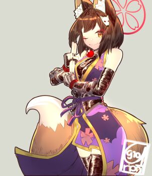 Rule 34 | 1girl, absurdres, alternate costume, animal ear fluff, animal ears, arion910, arm guards, asumi kana, blue archive, brown hair, cosplay, dog days, eyeshadow, fingerless gloves, fox ears, fox girl, fox hair ornament, fox tail, gloves, grey background, halo, highres, izuna (blue archive), japanese clothes, jewelry, kimono, kuji-in, large tail, looking at viewer, makeup, ninja, obi, one eye closed, pink eyeshadow, pink halo, purple kimono, sash, short hair, signature, smile, solo, standing, tail, thighhighs, trait connection, voice actor connection, yellow eyes, yukikaze panettone, yukikaze panettone (cosplay)