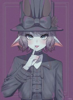 Rule 34 | 1girl, androgynous, aqua eyes, aqua skin, artist name, belt collar, black bow, black choker, black flower, black jacket, black rose, black shirt, bow, choker, collar, colored skin, commentary request, cropped jacket, dragon quest, dragon quest x, fangs, film grain, finger to mouth, fins, fish girl, flower, grey hair, hat, hat bow, hat flower, head fins, highres, jacket, looking at viewer, nikon (user aznh7528), open mouth, purple background, purple nails, rose, shirt, short hair, solo, top hat, upper body, weddie (dq10)