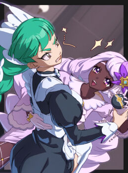 2girls absurdres apron ascot black_romper bow bowtie braid braided_ponytail brown_eyes dark-skinned_female dark_skin dress fascinator frilled_ascot frills glove_bow gloves green_hair hair_ornament highres jacinthe_(pokemon) juliet_sleeves lebanne_(pokemon) long_braid long_hair long_sleeves low_drills luxury_ball maid maid_apron maid_headdress master_and_servant mega_stone multiple_girls nintendo open_mouth poke_ball pokemon pokemon_legends:_z-a puffy_sleeves purple_dress purple_eyes purple_hair romper smile star_(symbol) teeth very_dark_skin white_bow white_bowtie white_gloves yanagino_(yanagino3)