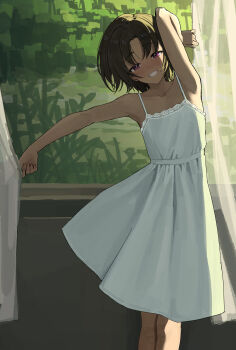 1girl :d absurdres arm_up armpits blush brown_hair collarbone cowboy_shot curtains dress dress_straps highres itsuki_nofuji looking_at_viewer open_mouth original outstretched_arm parted_lips pink_eyes short_hair smile solo standing sundress white_dress window