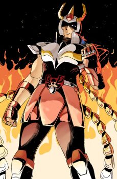 Rule 34 | 1boy, armor, armored skirt, blue eyes, blue hair, clenched hand, embers, fake horns, feet out of frame, fire, from below, full body, gold armor, grey armor, hand up, helmet, highres, horned helmet, horns, long hair, looking at viewer, looking down, male focus, multicolored armor, one eye in shadow, peacock feathers, phoenix ikki, pink armor, saint seiya, scar, scar on face, serious, wanderjegson