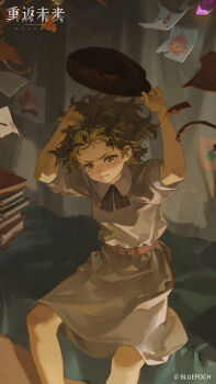 1girl absurdres aged_down arms_up black_hat blonde_hair blush book book_stack brume_(reverse:1999) clenched_teeth collared_dress copyright_name copyright_notice dress embarrassed feet_out_of_frame floating_hair hat highres holding holding_unworn_clothes holding_unworn_hat indoors logo newsboy_cap official_art official_wallpaper paper reverse:1999 short_dress short_hair short_sleeves sitting solo teeth unworn_hat unworn_headwear v-shaped_eyebrows white_dress yellow_eyes
