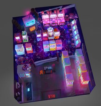 Rule 34 | arcade, arcade cabinet, artist name, concept art, crane game, cup, dance pad, disposable cup, from above, grey background, indoors, isometric, little kitty big city, monitor, neon lights, no humans, photo booth, robot, scenery, signature, stairs, tile floor, tiles, zandra