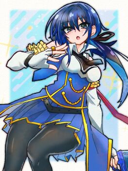 Rule 34 | 1girl, :o, arm at side, arm scrunchie, assault lily, bare shoulders, belt, black belt, black necktie, black pantyhose, black ribbon, blue background, blue eyes, blue hair, blue shirt, blue skirt, blush, border, breasts, collared shirt, commentary, digamma, elbow gloves, feet out of frame, fingerless gloves, gloves, hair between eyes, hair ribbon, hand up, hayami katsura, highres, holding, holding sword, holding weapon, jewelry, light particles, long bangs, long hair, looking at viewer, low side ponytail, medium breasts, miniskirt, necktie, o-ring, o-ring belt, odaiba girls high school uniform, outside border, pantyhose, parted lips, pleated skirt, ribbon, ring, school uniform, scrunchie, shirt, side ponytail, skirt, sleeveless, sleeveless shirt, solo, sparkle, standing, sword, two-tone shirt, waist cape, weapon, white border, white gloves, white shirt, yellow scrunchie