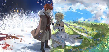 1girl absurdres age_difference aged_down bare_shoulders belt black_gloves blonde_hair blood blue_flower blue_sky boots breasts child cleavage coat contrast day_and_night detached_sleeves dress earrings field flower from_side fur-trimmed_coat fur_trim genshin_impact giving gloves grass hand_up highres holding holding_flower jewelry kk_(kkgame7733) looking_at_another looking_away looking_down looking_up lumine_(genshin_impact) night night_sky on_ground on_one_knee orange_hair pants partially_fingerless_gloves petals polar_opposites profile red_vest shade short_hair short_hair_with_long_locks sidelocks sky smile snow spring_(season) standing tartaglia_(genshin_impact) thigh_boots time_paradox train_(clothing) turtleneck vest white_dress white_footwear winter_clothes yellow_eyes