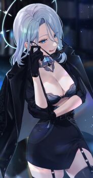 1girl :q absurdres arm_across_chest belt black_gloves black_skirt black_suit blue_eyes bra breasts butterfly_brooch chain cleavage commentary_request curtained_hair formal_clothes garter_straps gloves grey_hair halo highres holding holding_removed_eyewear indie_virtual_youtuber jacket jacket_on_shoulders lace lace_bra large_breasts licking_lips long_hair looking_at_viewer monarch_(amalee) monarch_(mafia)_(amalee) off_shoulder official_alternate_costume pencil_skirt removing_eyewear skirt sleeves_rolled_up solo subaru_(su_baru) suit suit_jacket sunglasses thighhighs tongue tongue_out underwear unworn_eyewear virtual_youtuber