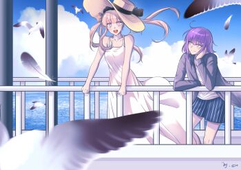 1boy 1girl absurdres against_railing arm_rest bare_arms bird black_bow black_jacket black_shorts bow brother_and_sister chinese_commentary cloud commentary dress feathers hair_bun hat head_rest highres jacket long_hair medium_hair ocean outdoors pink_eyes pink_hair purple_hair qiansexiaoyu railing seagull shirt shorts siblings signature sky sleeveless sleeveless_dress smile spaghetti_strap star-shaped_pupils star_(symbol) straw_hat striped_clothes striped_shorts sun_hat sundress symbol-shaped_pupils the_hundred_line_-last_defense_academy- tsukumo_ima tsukumo_kako twins twintails vertical-striped_clothes vertical-striped_shorts white_dress white_shirt