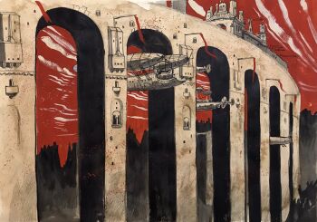 aelita_(tolstoy) aircraft airship arch architecture building city cloud commentary_request dirigible evening flag flying greyscale_with_colored_background highres horizon mountainous_horizon no_humans outdoors propeller red_sky red_theme russian_commentary scenery science_fiction sepia sky steampunk traditional_media vehicle_focus yaroslava_murashko