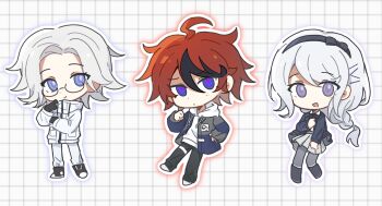 1girl 2boys :d ahoge aotsuki_eito black_gloves black_hairband black_jacket black_pants black_ribbon black_shoes blue_eyes braid bright_pupils chibi chibi_only chinese_commentary commentary_request glasses gloves grey_hair grey_pantyhose grey_skirt grid_background hairband highres jacket kirifuji_nozomi long_hair looking_at_viewer multicolored_hair multiple_boys neck_ribbon open_clothes open_jacket open_mouth outer_glow outline pants pantyhose purple_eyes red_hair red_pupils ribbon semi-rimless_eyewear shirt shoes short_hair skirt smile streaked_hair sumino_takumi the_hundred_line_-last_defense_academy- utopian0726 white_background white_jacket white_outline white_pants white_pupils white_shirt