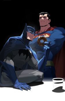 2boys batman batman_(series) belt black_background black_hair blue_cape blue_eyes cape chocolate_donut cowl crossed_arms cup dc_comics disposable_coffee_cup disposable_cup donut food highres interrogation intimidation looking_at_viewer male_focus multiple_boys muscular muscular_male red_cape sitting sitting_on_table superhero_costume superman superman_(series) white-corner