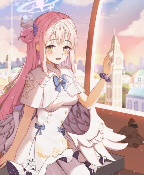 1girl absurdres angel_wings april_aries blue_archive blue_bow blush bow breasts capelet clock clock_tower dating dress feathered_wings ferris_wheel flower hair_bun hair_flower hair_ornament halo highres long_hair looking_at_viewer low_wings medium_breasts mika_(blue_archive) open_mouth pantyhose pink_hair pink_halo purple_flower scrunchie single_hair_bun single_side_bun sitting smile solo sunset tower very_long_hair white_capelet white_dress white_pantyhose white_wings wings wrist_scrunchie yellow_eyes