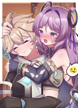 Rule 34 | 1boy, 1girl, absurdres, aether (genshin impact), alcohol, bare shoulders, blonde hair, blue eyes, blush, citlali (genshin impact), closed mouth, commentary, cup, detached sleeves, dr.kira, drunk, earrings, emoji, english commentary, genshin impact, highres, holding, holding cup, hug, jewelry, long hair, open mouth, pink hair, single earring, twitter username