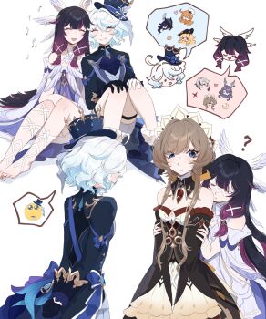 Rule 34 | 3girls, ?, ^ ^, antlers, arlecchino (genshin impact), arms behind back, bare shoulders, barefoot, behind another, black hair, blonde hair, blue eyes, blue hair, breasts, brooch, brown hair, chibi, chibi inset, clorinde (genshin impact), closed eyes, columbina (genshin impact), commentary, cowlick, detached collar, detached sleeves, double-parted bangs, dress, emoji, english commentary, escoffier (genshin impact), eye mask, facing another, fenayuquarium, furina (genshin impact), genshin impact, gloves, hair between eyes, hair intakes, happy, hat, head wings, headdress, heart, hiding, hiding behind another, highres, horns, jacket, jewelry, knees together feet apart, knees up, lauma (genshin impact), leaning to the side, long hair, long sleeves, mask, multicolored hair, multiple girls, multiple views, musical note, navia (genshin impact), orange hair, own hands together, parted bangs, parted lips, purple hair, raised inner eyebrows, sandrone (genshin impact), short hair, shorts, simple background, sitting, small breasts, smile, spoken emoji, toes, top hat, two-tone hair, v arms, very long hair, white background, white hair, wings
