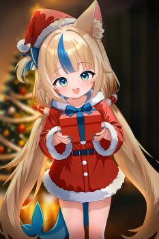 Rule 34 | 1girl, absurdres, animal ear fluff, animal ears, blonde hair, blue hair, blue nails, blurry, blurry background, box, christmas, christmas present, christmas tree, commentary, english commentary, fins, fish girl, fish tail, fur trim, furfik, gift, gift box, hat, highres, holding, holding gift, indie virtual youtuber, long hair, looking at viewer, multicolored hair, sameko saba, santa costume, santa hat, smile, solo, streaked hair, tail, virtual youtuber
