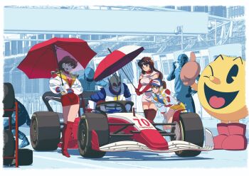 3girls 5boys baseball_cap blue_eyes blue_hat blue_shirt boots bravoman bravoman_(series) breasts brown_gloves brown_hair car circlet closed_mouth clothes_writing commentary company_connection cover_girl_(family_series) crossover dress druaga_no_tou edoya_inuhachi elbow_gloves family_series formula_one formula_racer gloves goggles hair_between_eyes hand_on_own_knee hat hat_writing headset highres holding holding_umbrella jacket kanda_momo ki_(druaga) kneehighs leaning_forward long_hair looking_at_another looking_to_the_side mask medium_breasts miniskirt motor_vehicle multiple_boys multiple_crossover multiple_girls namco one_eye_closed open_mouth outdoors pac-man pac-man_(game) pac-man_eyes panties pencil_skirt pink_dress pit_crew ponytail race_queen race_vehicle racecar racetrack red_boots red_gloves red_skirt red_thighhighs red_umbrella shirt short_dress short_shorts shorts skirt sleeveless sleeveless_dress smile socks thigh_boots thighhighs thumbs_up umbrella underwear wheel white_gloves white_jacket white_socks yellow_panties yellow_shorts zettai_ryouiki