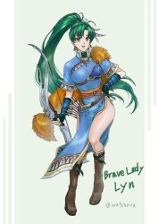 Rule 34 | 1girl, arrow (projectile), boots, bow (weapon), brown footwear, cape, chatarou (chatachata0201), fingerless gloves, fire emblem, fire emblem: the blazing blade, fire emblem heroes, fur cape, gloves, green hair, high ponytail, holding, holding bow (weapon), holding weapon, leather, leather boots, lyn (brave lady) (fire emblem), lyn (fire emblem), nintendo, official alternate costume, ponytail, quiver, side slit, solo, weapon
